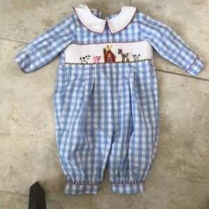 Boy's Checkered Smocked Farm Long Romper
